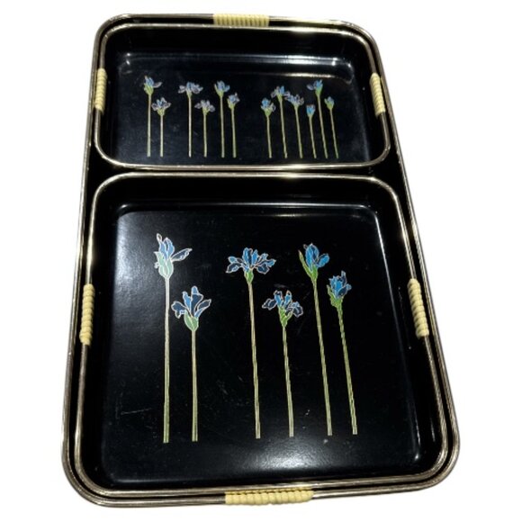 Other - Set of 3 Japanese Lacquerware Nesting Serving Trays Blue Irises Woven Handles